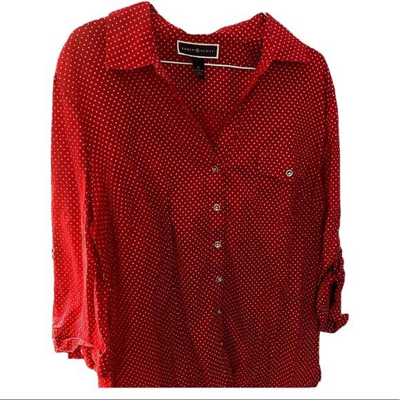 Karen Scott Tops - Karen Scott Women’s Red Polka Dot Quarter Length Collard Button Up